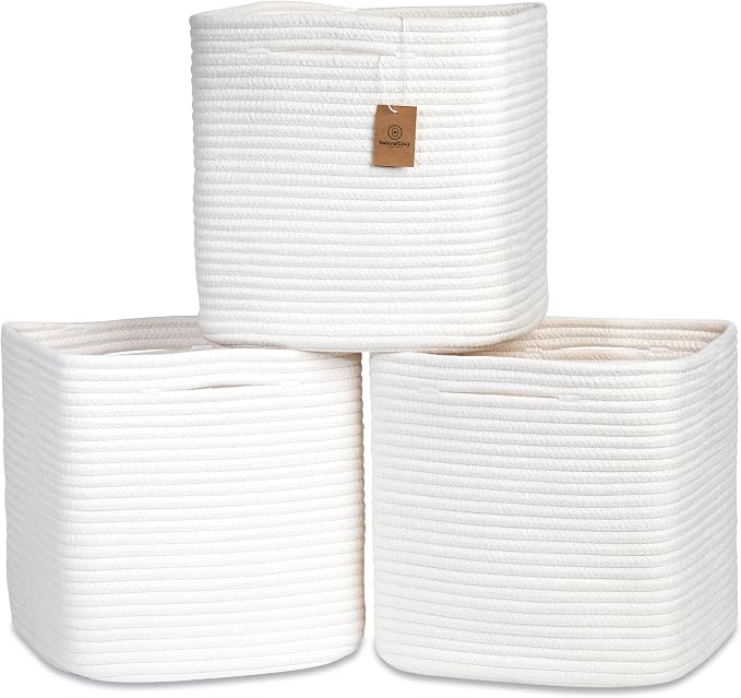 NaturalCozy 13 Inch Cube Storage Bins Cotton Rope Woven Baskets for Organizing 3-Pack | 13 x 13 Storage Cubes | Fabric Square Storage Baskets for Shelves Organizer, Kids Toy Bins, Closet Baby Nursery