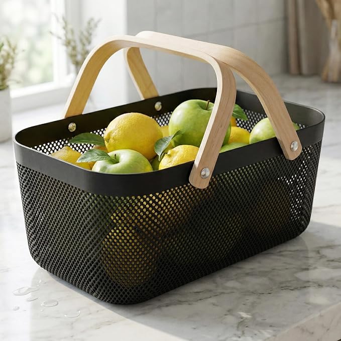 Simplify Large Mesh Plastic Storage Basket with Wooden Handle Black Color | Garden Harvest Organizer | Kitchen Pantry Storage Bin