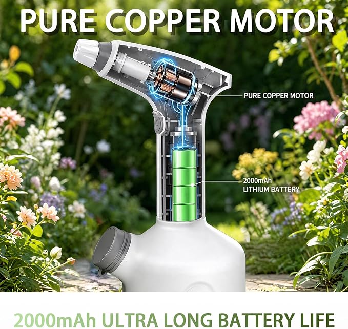 Electric Spray Bottle, 0.26 Gallon Battery Powered Plant Mister, 1500mAh USB Rechargeable Automatic Garden Sprayer, Handheld Continuous Water Spray Bottle for Indoor Houseplants, Succulents, Cleaning