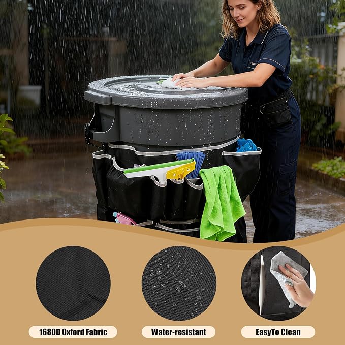 Trash Can Caddy Bag, Upgraded Large Cleaning Caddy, fits for 32-55 Gallon Garbage Bin, Multi-Pocket Garbage Bin Caddy Organizer for House Cleaners & Janitorial Duties, Gray Edge