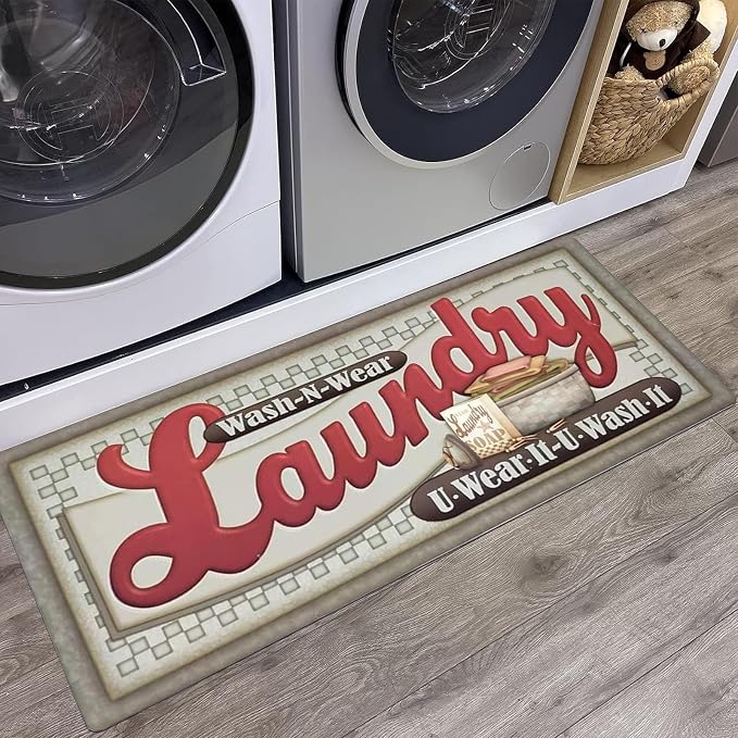 Abreeze Farmhouse Laundry Runner Rug Vintage Rug for Laundry Room Rubber Backer Mat Floor Runner Carpet Kitchen Mats 20''x48'',Red Letter
