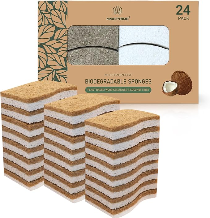 Natural Kitchen Sponge –24-Pack Biodegradable Sponges for Dishes –Compostable Dish Washing Scrubbers – Eco Friendly Non-Scratch Cellulose & Coconut Husk Scrubber Sponges for Cleaning