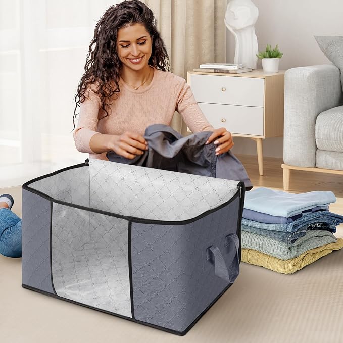 Fab totes 8 Pack Storage Bags for Clothes Blanket Storage Bins with Lids | Foldable Closet Organizers with Zippers,Window and Handles,Fabric Storage Bins for Sweater,Comforter,Bedding,Dorm essentials