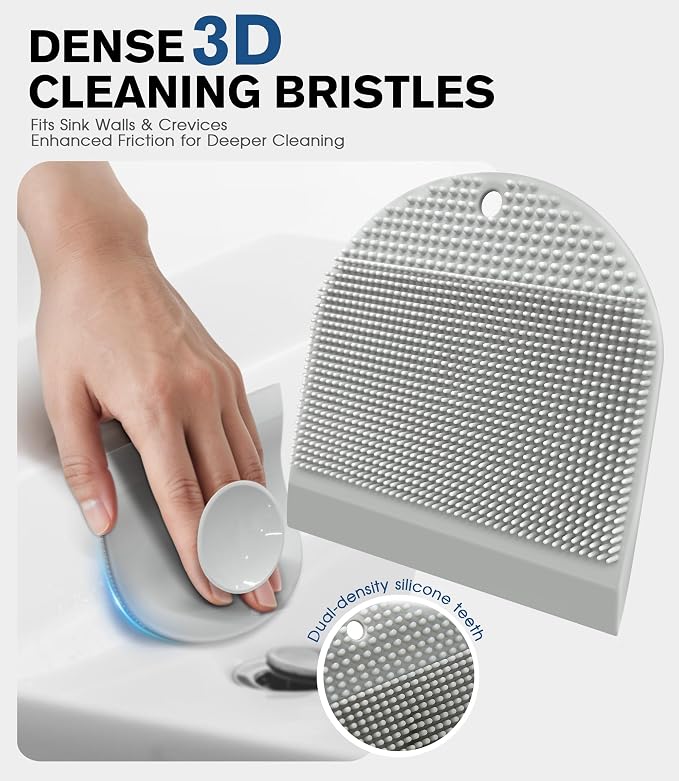 2 Pack Silicone Sink Cleaning Brush with Squeegee | Flexible Non-Scratch Dish Scrubber for Kitchen and Bathroom Sink, Countertop & Dishwashing, Suction Cup Hanging (Gray)