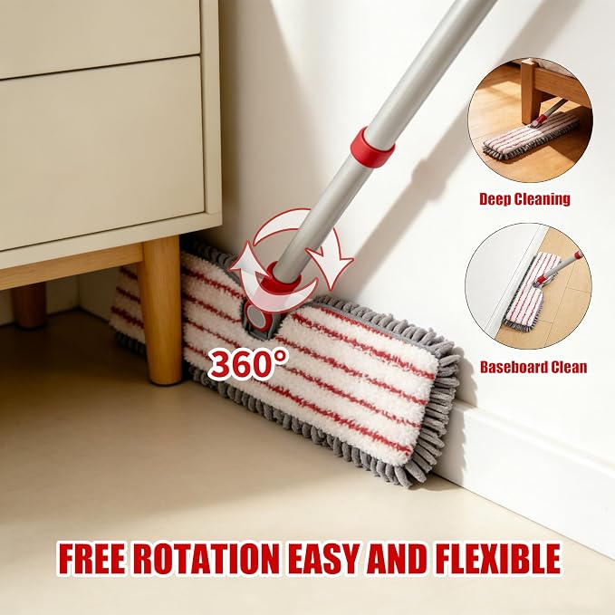 Microfiber Flat Mop 360° Rotating for Floor Cleaning, Wet Dry Dust Mop with 2 Washable Chenille Pads, Coated Iron Pole, Hardwood Floor Wall Baseboard Cleaner, Quick Shine Floors Finish