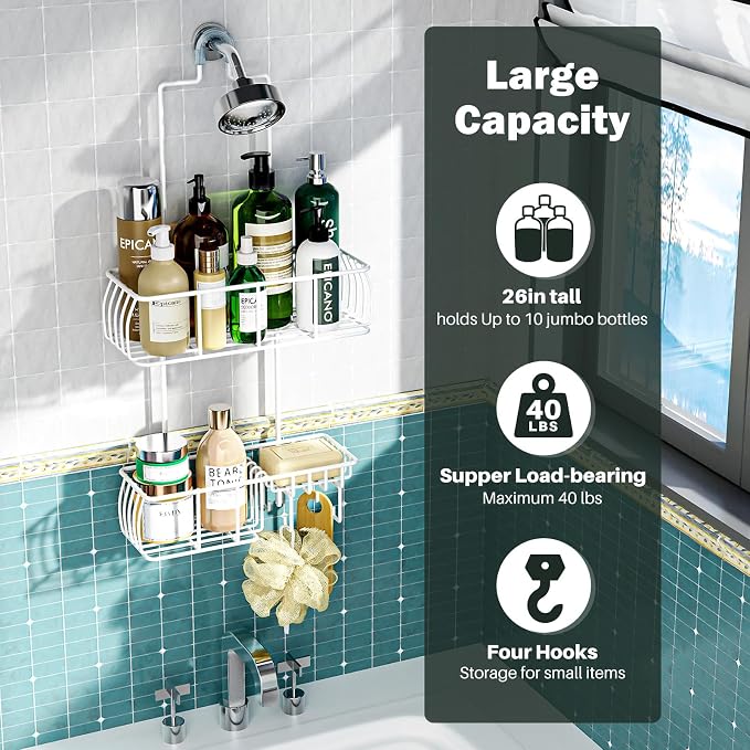 Epicano Shower Caddy Hanging Over Head, White,Stainless Steel | Rustproof,4 Hooks for Towels,Sponge and & Bathroom Accessories,Anti-Swing Suction Cups & Adhesive hooks