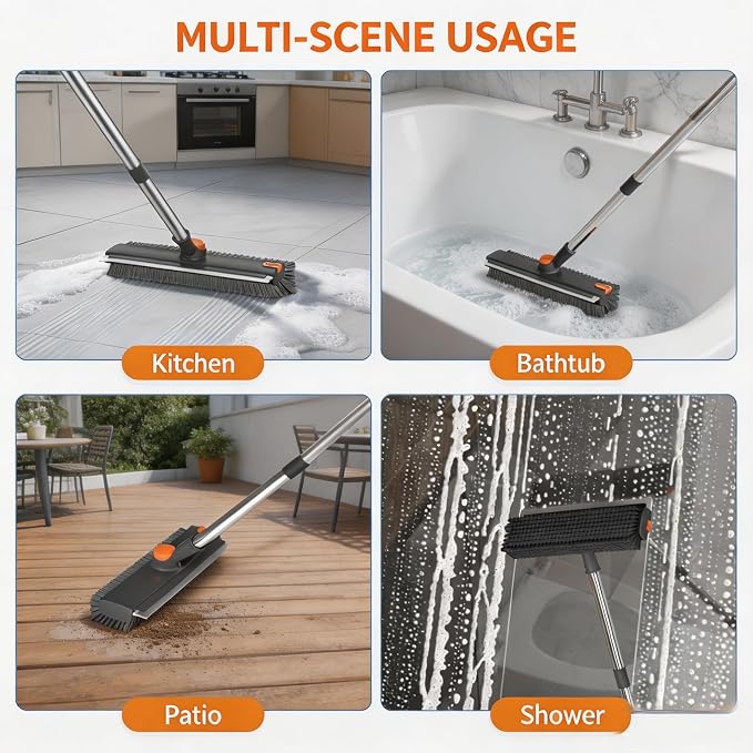 3-in-1 Floor Scrub Brush with Long Handle, Rotating Head Squeegee & Tweezer | Stiff Dual-side Bristle, 50'' Extension Pole, Stainless Steel, Multi-Surface for Shower Tile Patio Kitchen Deck Cleaning