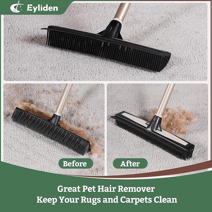 Eyliden Rubber Carpet Rake with Squeegee for Pet Hair & Floor Water Removal | 2-in-1 Push Broom, Fur Brush for Carpet Rug, Scrape for Liquid Spills on Hardwood Tile, 54" Telescopic Handle, 45° Angle Head