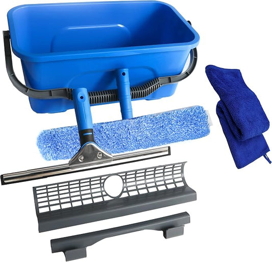 Window Cleaning Kit with Bucket,Squeegee for Window Cleaning | 3 Gallon Storage Bucket,14" Window Squeegee and Microfiber Scrubber, Window Cleaning Tool for Home, Outdoor, Commercial