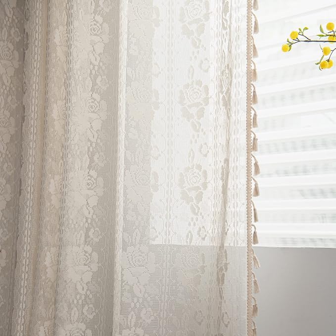 Sutuo Home Boho Kitchen Curtains Crochet Florals Embroidery, Bohemian Sheer Lace Curtains Handmade Knitted Tassels Vintage Chic Farmhouse Drape for Nursery Bedroom Rod Pocket 1 Panel 59" W x 63" L