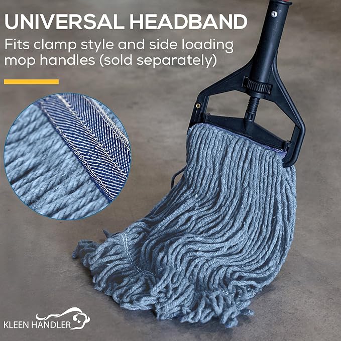 KLEEN HANDLER Heavy Duty Commercial Loop End Mop Head Replacement, 1 Pack | Wet Industrial Cotton Looped-End String Mop Head Refill with Universal Headband for General Floor Cleaning