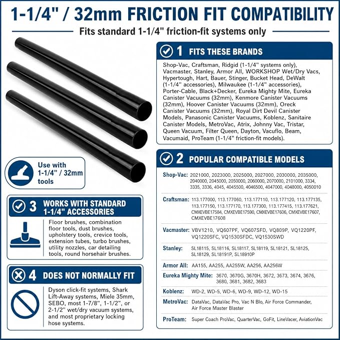1.25 Inch Vacuum Extension Wands, 32mm Vacuum Accessories & Attachments | 15.75" Extension Wand Vacuum Pipe Tubes for Shop Vac, Wet/Dry Vacuums, and More| with 1-1/4" Fitting (3 Pack)