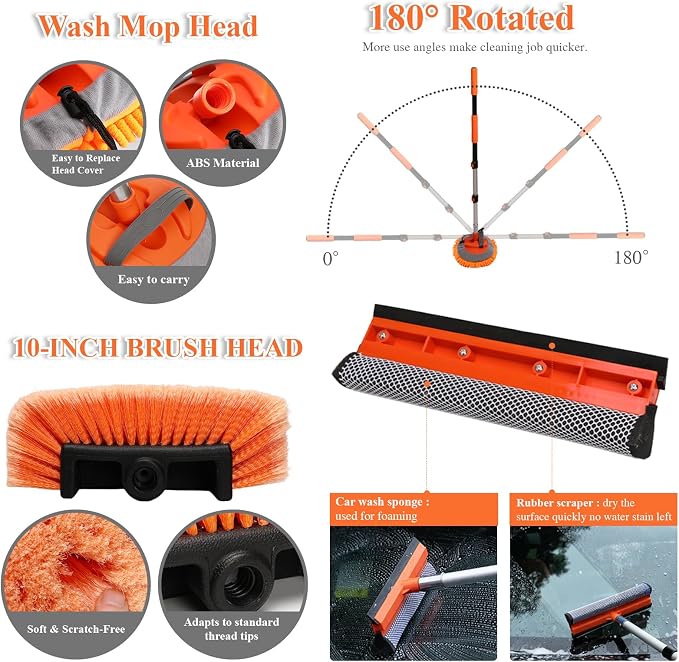 Complete Car Wash Kit with 60inch Heavy-Duty Extension Pole | Soft Car Wash Brush, Wheel & Tire Brush, Scratch-Free Car Mop Mitt & Window Squeegee for Car Exterior & Interior Cleaning