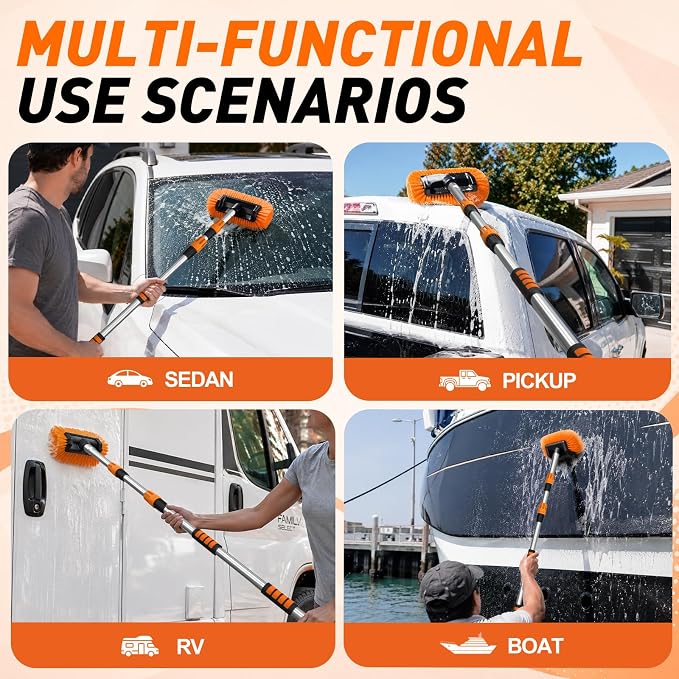 SISUPASSIE 12FT Car Wash Brush with Long Handle, 12-Inch Soft Bristle Car Cleaning Brush for Cleaning RV, Truck, Boat, Solar Panels, Orange