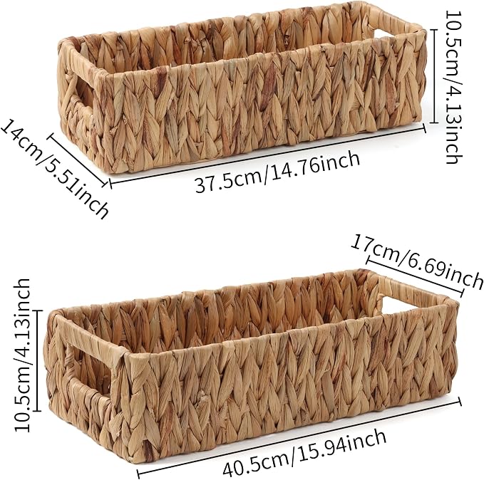 Moosky Wicker Storage Baskets with Handle Water Hyacinth Basket for Organizing Decorative Storage Bins for Countertop Toilet Tank Boho Rectangular Home Organizer (Natural, Set of 2)