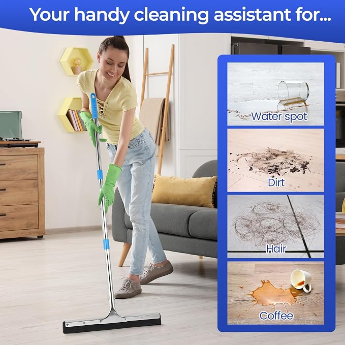 Aodaer Large Floor Squeegee with 62‘’ Adjustable Stainless Steel Handle | 2 Pairs 17.7'' Extra Replacement EVA Blades Clip Heavy Duty Household Rubber Broom for Garage, Courtyard, Pool, Tile Bathroom