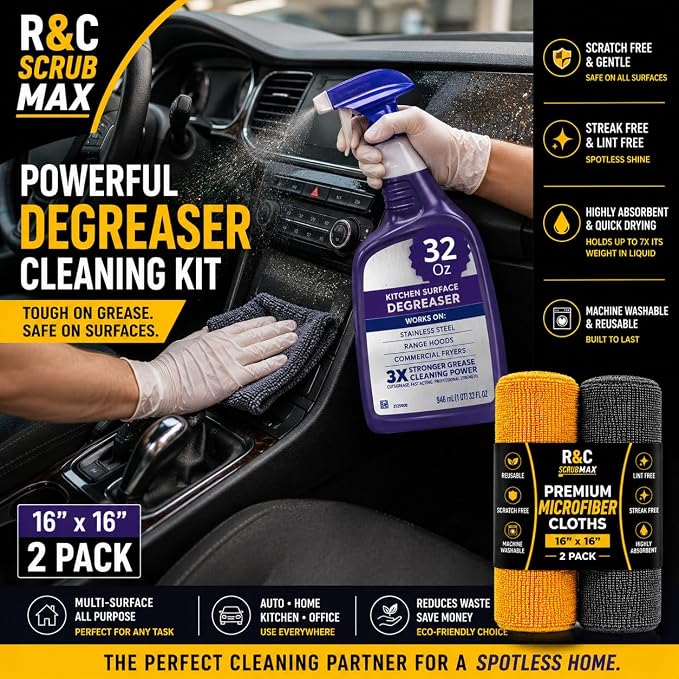 R&C Store Essentials Home Cleaning Bundle Kit, Includes 32 oz Degreaser Spray Compatible with Dawn_Kitchen Surface Degreaser + 2 Primium Microfiber Cleaning Cloths 16x16
