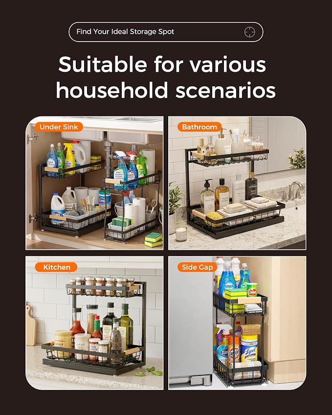 2026 Upgraded 3-Pack 2-Tier Adjustable Height Under Sink Organizer, Black | Multi-purpose metal storage shelf with sliding shelves for kitchen, bathroom, pantry & laundry cabinet