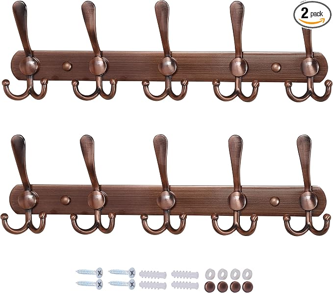 Dseap Wall Mounted Coat Rack - 5 Tri Hooks, Heavy Duty, Stainless Steel, Metal Coat Hook Rail for Coat Hat Towel Purse Robes Mudroom Bathroom Entryway (Antique Copper, 2 Packs)