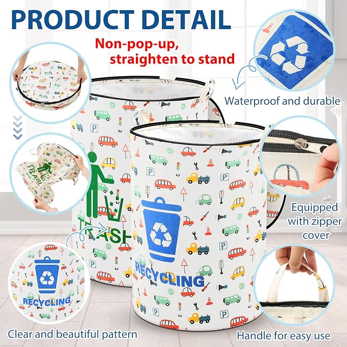 Jingmore 2 Pcs 30 Gallon Collapsible Trash Can, Waterproof, Zippered Lid | Portable Camping Garbage Can, Reusable, for Rv, Laundry Hamper, Recycling, Yard Waste, Leaf Bag and Toy Bin