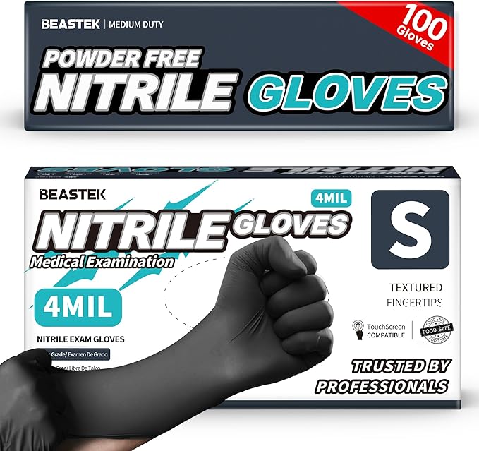 Black Nitrile Exam Gloves, 4 Mil, Powder-Free Food Prep Disposable | Soft+ • Powder-Free • Latex-Free • Medical • Examination • Cooking • Cleaning • Food Prep • Tattoo • Black • 100 Ct & 1000 Ct
