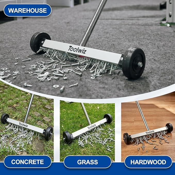 Toolwiz 15" Rolling Magnetic Sweeper with Telescopic Magnetic Pick Up Tool | 10lbs Capacity Sweeper, 16lb Magnetic Pick Up Tool, Lightweight with Wheels, For Nails, Screws & Metal Debris