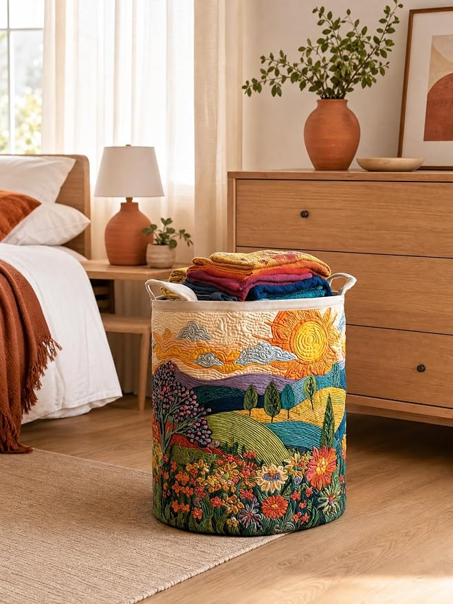 Quilted Laundry Basket with Handles, Boho Floral Quilted Storage Hamper, Large Capacity Laundry Hamper for Nursery Bedroom Laundry Room Home Decor (Pattern 08, Medium (22"H x 16"W x 16"L))