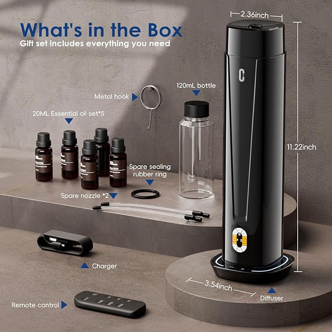 Waterless Scent Diffuser, Essential Oil Diffuser for Home, Office, Hotel | 1200 Sq Ft Coverage, Quiet Aromatherapy Diffuser with LED Light & Timer, Air Scent Diffuser Starter Kit