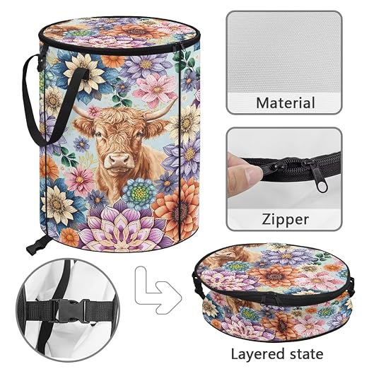 BIGCARJOB Boho Floral Big Trash Can with Lid, 22.83x17.71, Outdoor Recycling Bin Large Trash Can Outside Garbage Storage Bag for Camping Travel Beach, Highland Cow