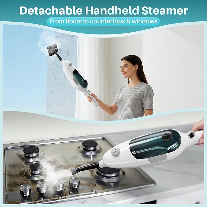 JOYMOOP Steam Mop & Handheld Steam Cleaner, 1100W Electric Steam Cleaner for Home, Fast Heat 20s, Adjustable Steam, Detachable Water Tank, 11 Accessories for Floors, Windows, Clothes