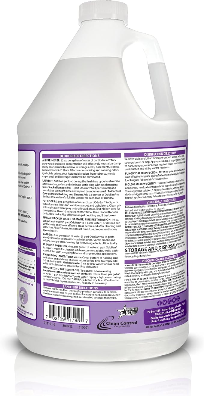 OdoBan Disinfectant Concentrate and Odor Eliminator, Made in the USA, Lavender Scent, 4 Gallons