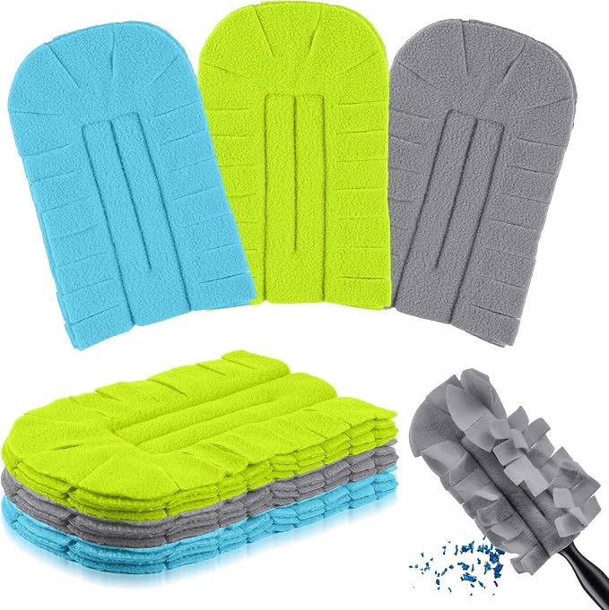 Zubebe 3 Pcs Reusable Duster Refills Fleece,Blue, Green, Gray | Soft Polyester Fiber Flat Duster Refill Multi Surface Washable Cleaning Pad Tools for Home, Blinds, Car, Pet, Furniture, Fans
