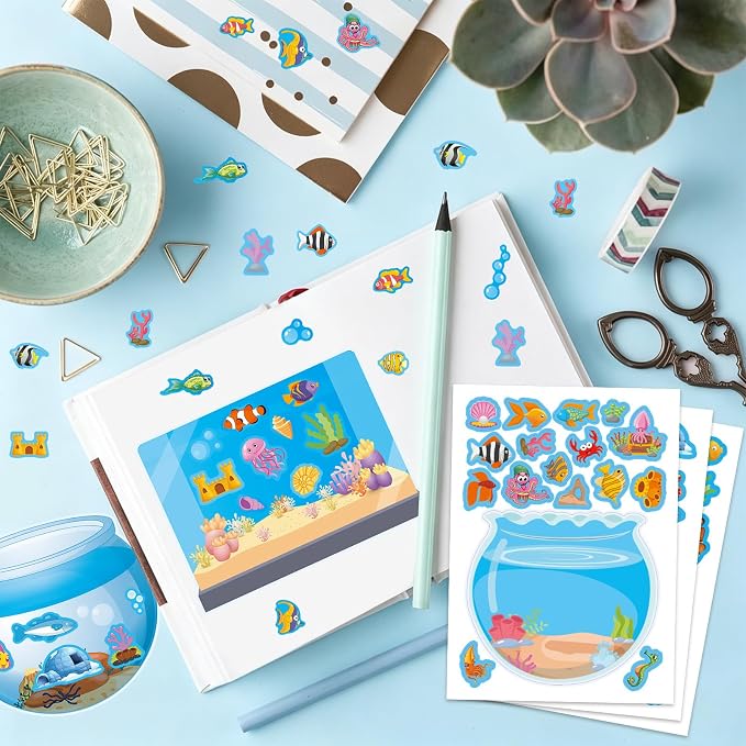 24 Sheets Make Ocean Animals Worlds Scene Stickers, Cute Under The Sea Ocean Animal Stickers Summer Fish Tank Scene for Party Favors Summer Activities Crafts
