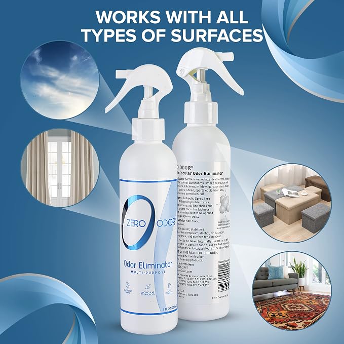 Zero Odor Multi-Purpose Odor Eliminator, Fabric & Room Deodorizer, 2 Pack | Odor Eliminator Spray for Hotel, Bathroom, Basement, Trash & Upholstery - Travel Size Odor Neutralizer, (8 oz Each)