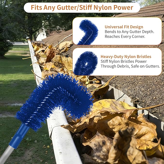 Longtor 12.9ft Aluminum Gutter Cleaning Tools with Brush & Scoop No Ladder | Aluminum pole, brush, scoop, swivel, sturdy lock. For gutters, pools, roofs, windows. Easy ground use