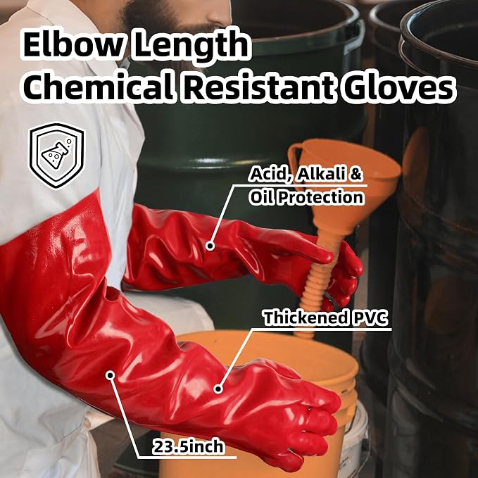 Schwer 23.5" PVC Chemical Resistant Gloves, Heavy Duty Waterproof Work Gloves Resist 212°F Boiling Water, Steam, Acid, Alkali & Oil, Long Glove for Cleaning, Dishwashing and Industrial Work, PR611