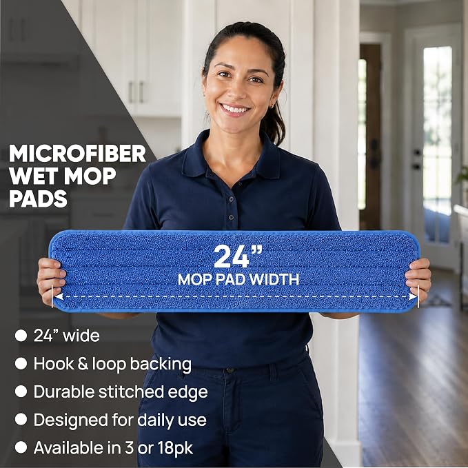 Microfiber Wholesale 24 inch Microfiber Mop Pads - Machine Washable, Reusable, Refills & Replacement Wet Mop Heads Compatible with Any Microfiber Flat Mop System (18 Pack)