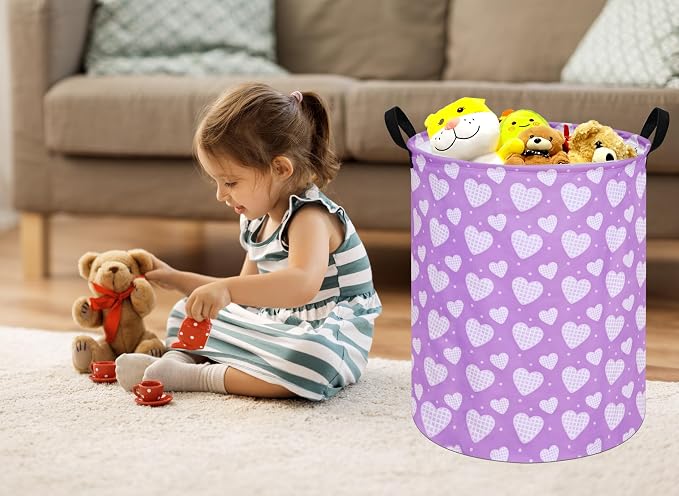 Round Valentine's Heart Pattern Laundry Hamper Clothes Storage Basket Fabric Storage Hamper Organization Storage Bin, Nursery Box,Gift Basket with Handles