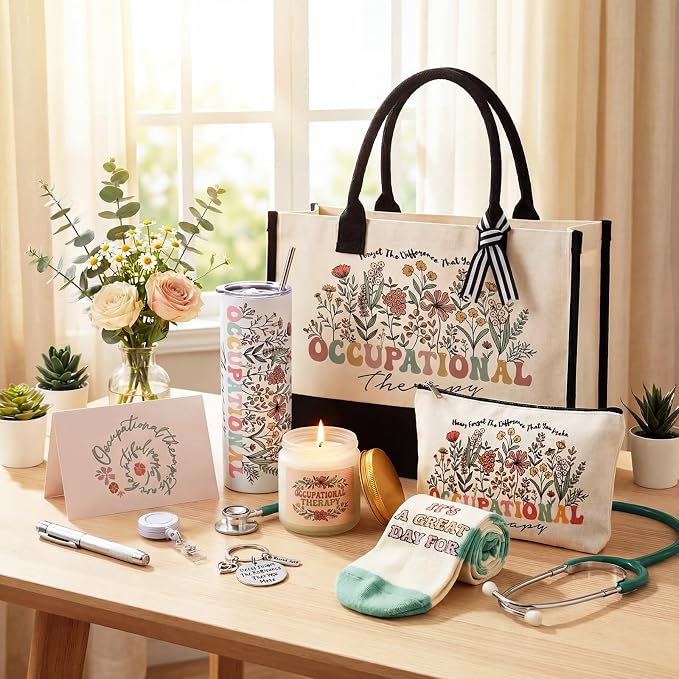 Patelai 7 Pcs Occupational Therapy Gifts for Women Ot Gifts therapist Bag | with 20 oz Cup Tumbler Canvas Tote Bag Makeup Bag Occupational Therapist Ot Month Birthday Speech Appreciation Gift Set