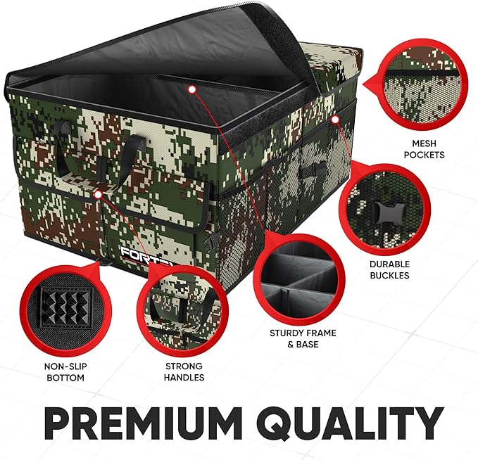 FORTEM Trunk Organizer - Foldable Car Organizer & Storage for SUVs & Trucks | Car Accessories for Men Women, Collapsible Bag, Non Slip Bottom, Straps, Soft Cover, 600D Oxford, 3 Compartments, 65L