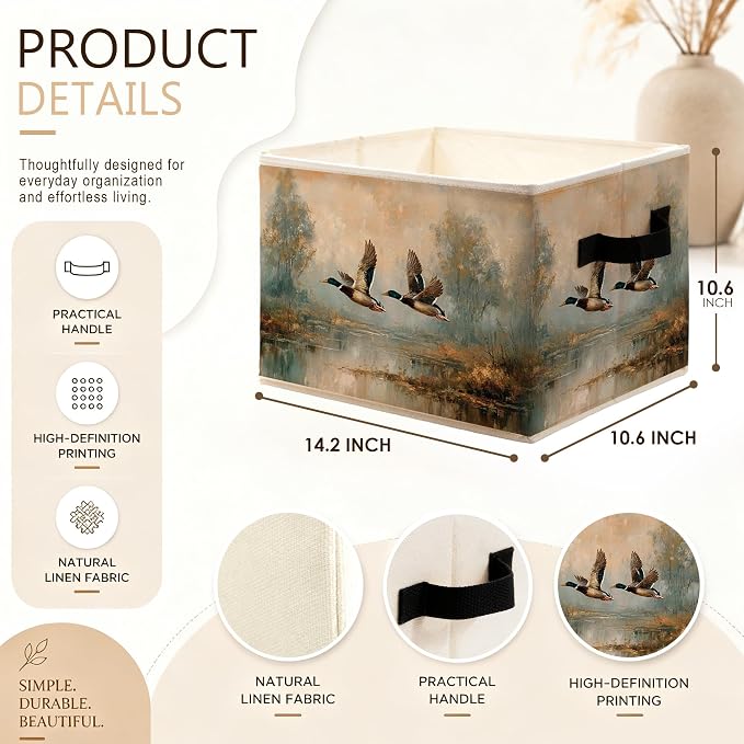 Vintage Flying Mallard Duck Storage Bins Box, Country Landscape Duck Foldable Storage Basket with Handles for Farmhouse Cabin Bedroom Bathroom Home Clothes Books Organizer