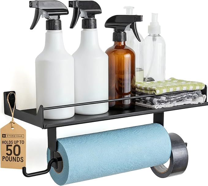 StoreYourBoard Heavy Duty Paper Towel Holder Wall Mount, Holds 50 lbs | Garage Paper Towel Holder with Shelf, Shop Paper Towel Holder, Holds 50 lb