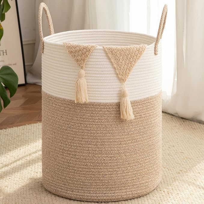 OIAHOMY Large Laundry Basket Hamper - 60L Cotton Rope Woven Basket for Blankets, Toys, Clothes - Tall Decorative Nursery Hamper with Long Handles, Brown/White