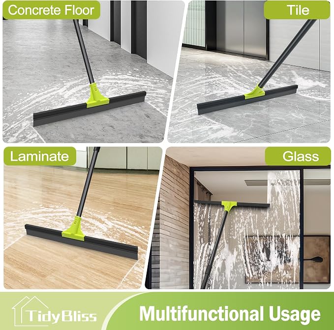 TidyBliss Floor Squeegee Heavy Duty, 24” Rubber Foam Water Scraper Broom, Epoxy Wiper Mop with 62 inches Long Handle for Cleaning Concrete Pool Rug Garage Deck Shower Window Outdoor Indoor (Green)