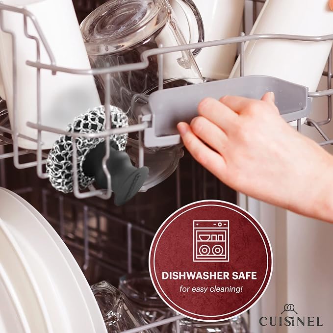Cuisinel Cast Iron Chainmail Scrubber + Pan Scraper - Deluxe Ergonomic Stainless and Silicone Cleaner for Pots and Skillets - Food-Safe Design - Easy to Clean Dishwasher Safe Cookware Sponge Accessory