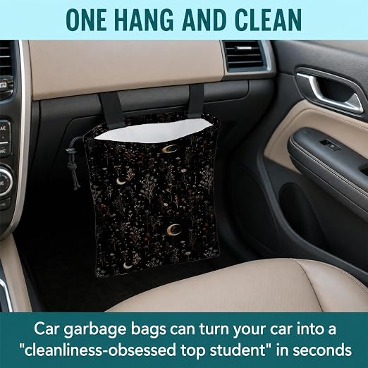 Dark Cottagecore Floral Car Trash Bag Hanging for Back Seat | Moody Crescent Moon Botanical Canvas Drawstring Car Garbage Bag with Adjustable Buckle Vehicle Trash Can