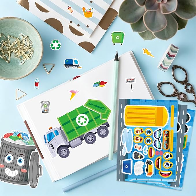 24 Sheets Garbage Truck Make a Face Sticker, Make Your Own Trash Truck Stickers Garbage Mix and Match Sticker for Home School Classroom Crafts Activities Reward Birthday Party Favors