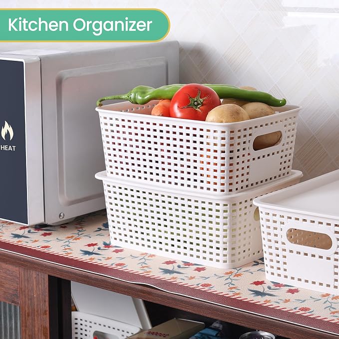 Ohmlove 8 Pack Plastic Storage Baskets with Lids for Organization | Stackable Storage bins, Storages Baskets for Organizing Shelves Drawers Desktop Closet Playroom Classroom Office, White