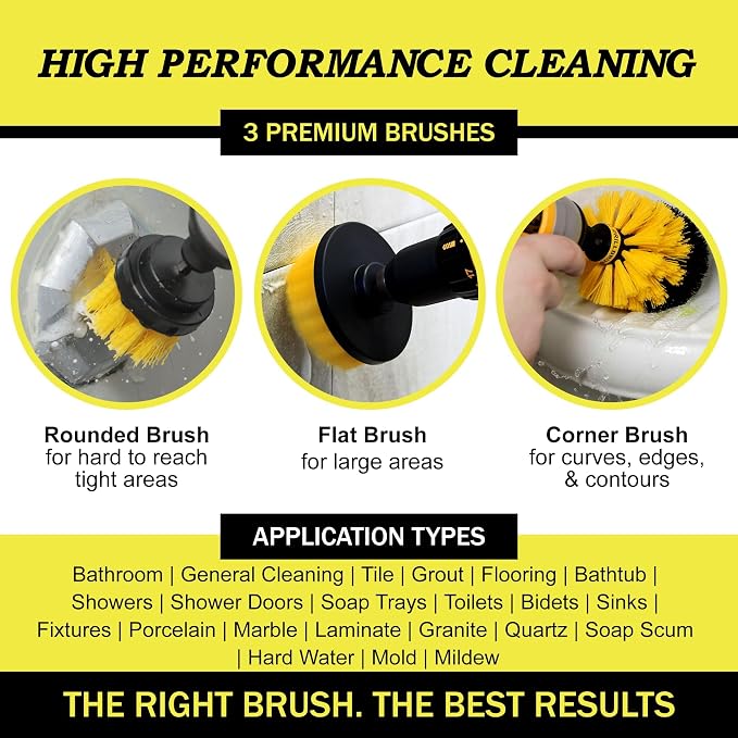 Drillbrush Drill Brush Attachment Set for Bathroom, Tile & Grout Cleaning | Power Scrubber Brush Kit for Bathtub & Shower - All-Purpose Household Cleaning Brushes for Drill - Electric Grout Cleaner Kit