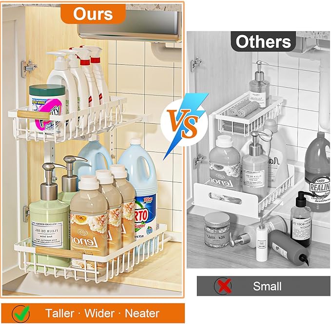 REALINN Under Sink Organizer, Height Adjustable Under Sink Organizers and Storage, 2 Tier Pull Out Drawer Cabinet Storage for Kitchen Bathroom, 1 Pack, White | cabinet organizer, 5 level adjustable, quiet sliding rails, dual suction and nano tape, no d...